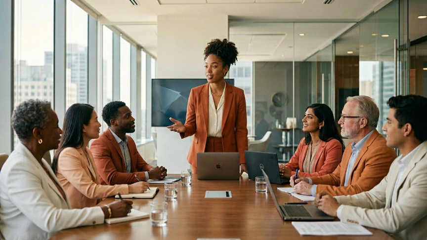 Profissionais de diferentes etnias reunidos em ambiente corporativo promovendo a inclusão e combatendo a discriminação racial nas empresas.
