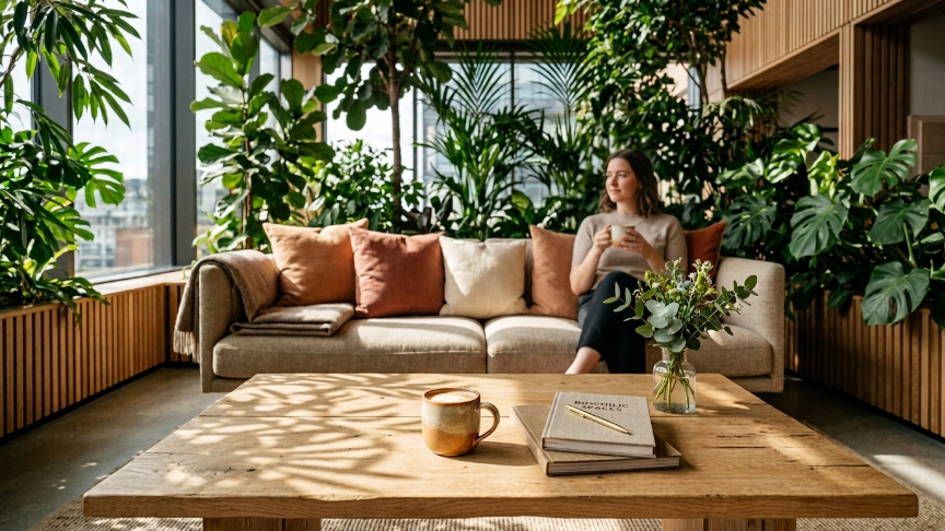 Colaboradores em ambiente de trabalho saudável representando wellbeing corporativo